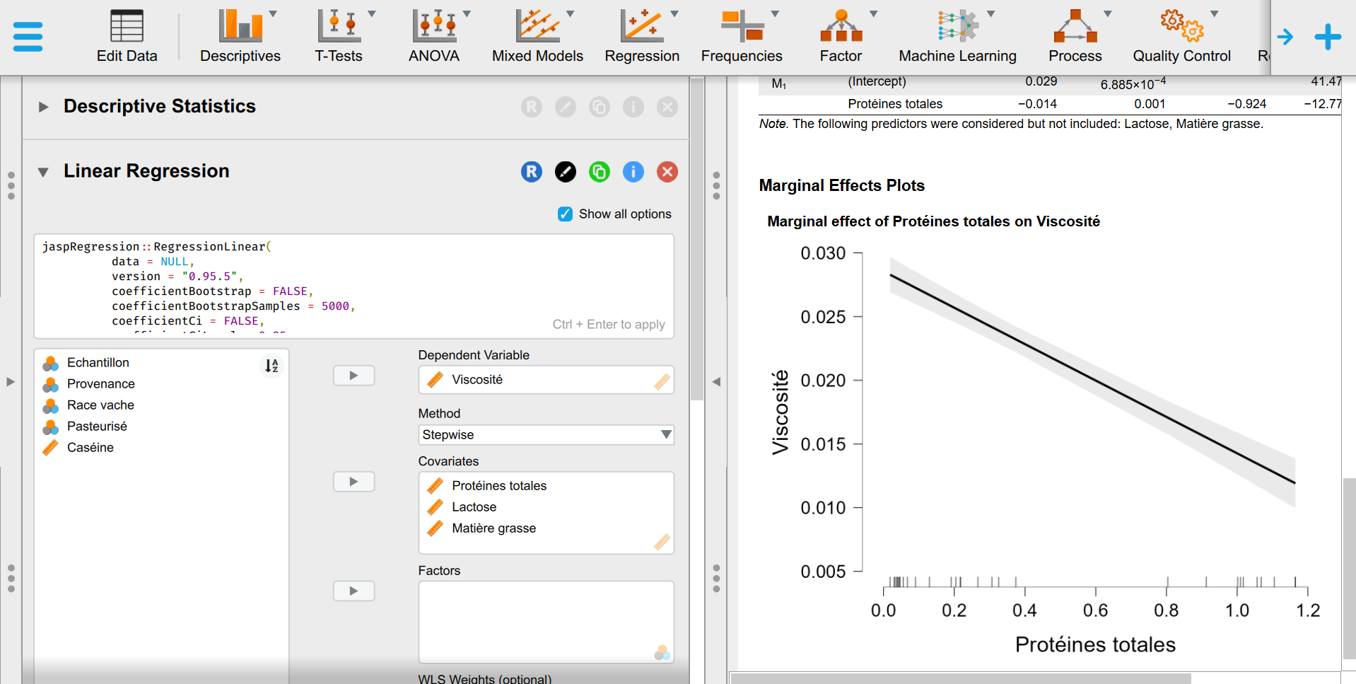 Regression linéaire avec JASP